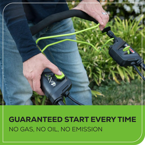Person starting 80V Self Propelled 21-Inch Cordless Lawn Mower With Brushless Motor, showing easy start handle controls.
