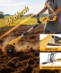 Cordless Garden Tiller Cultivator For 20V Max Battery in use with adjustable handle and safety lock detailed view