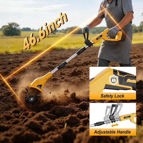 Cordless Garden Tiller Cultivator For 20V Max Battery in use with adjustable handle and safety lock detailed view