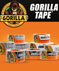 Array of Gorilla Tape rolls in silver, white, and black, showcasing packaging and brand logo on an orange background.
