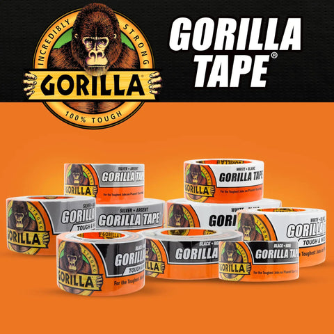 Array of Gorilla Tape rolls in silver, white, and black, showcasing packaging and brand logo on an orange background.