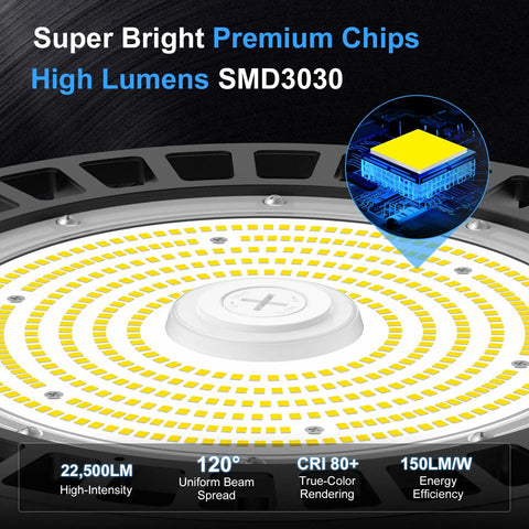 Close-up of the Ultra Bright 150W UFO High Bay LED Light With Remote Dimmable Up And Down Lighting SMD3030 chip.