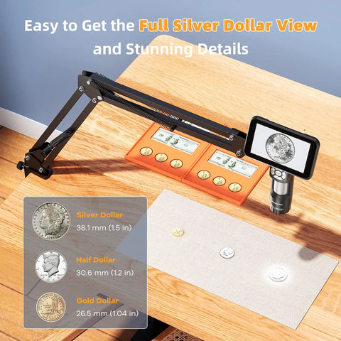 Handheld Digital Microscope With Flexible Boom Arm for soldering and electronics, displaying coin magnification on 5 inch screen.