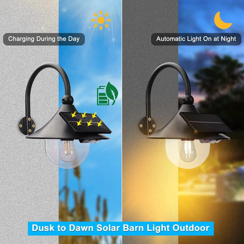 Two Pack Solar Barn Lights With Motion Sensor And 3 Lighting Modes showcasing charging and automatic lighting modes.