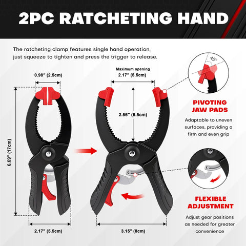 Diagram of 2Pc Ratcheting Hand clamp from 10-Piece Bar Clamp Set With 12-Inch And 6-Inch Dual-Size Quick Release Ratcheting Wood Clamps.