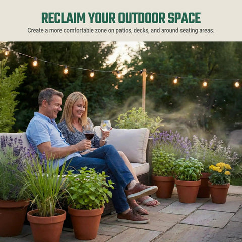 Couple enjoying evening on patio surrounded by potted herbs from Garden Aromatic Herb Seed Kit For Mosquito Season With Six Seed Packets