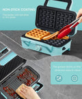 All-In-One Waffle Maker And Panini Press With Removable Plates in Blue, showing waffles and nonstick coating for easy cleanup