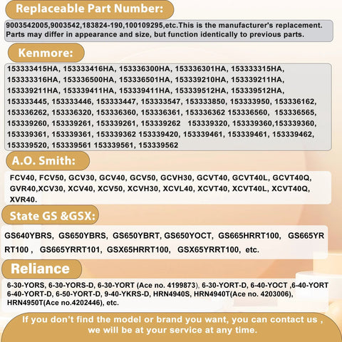 Front view of 9003542 natural gas pilot assembly compatibility label for Reliance, A.O. Smith, Kenmore, State GS/GSX.