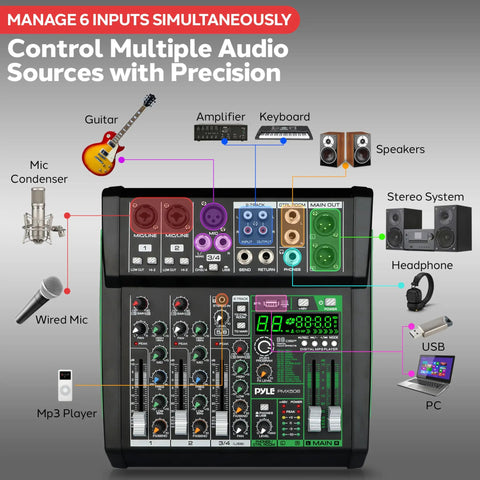 6-Channel Audio Mixer With Bluetooth DJ Controller, DSP Effects, USB MP3 Player, PC Recording, XLR And 1/4 Inch Inputs