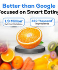 Portable Food Scale With Built In Nutritional Calculator Rechargeable Travel Pocket Digital Kitchen Scale With Bluetooth To The GourmetMiles App displaying an orange slice