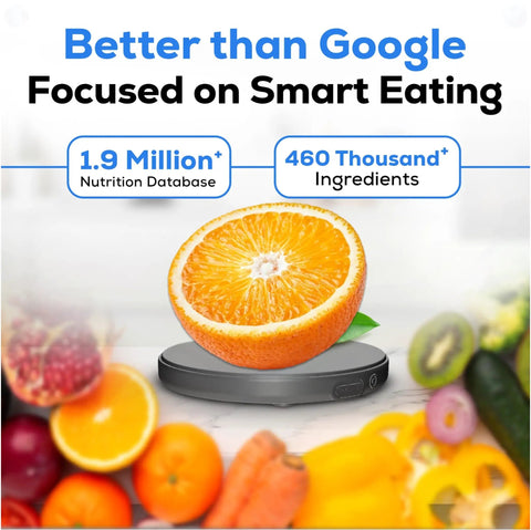 Portable Food Scale With Built In Nutritional Calculator Rechargeable Travel Pocket Digital Kitchen Scale With Bluetooth To The GourmetMiles App displaying an orange slice