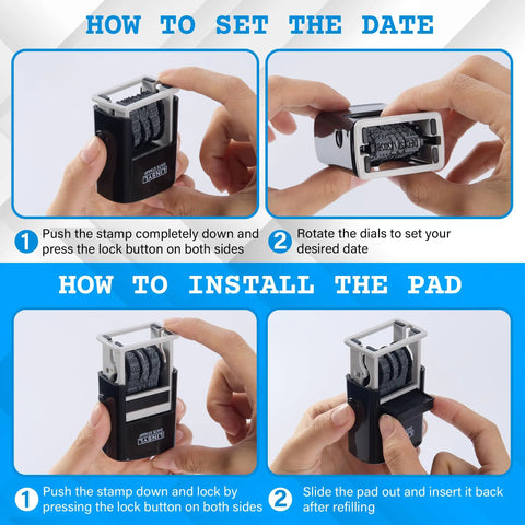Pro Level Self Inking Date Stamp With Built In Black Ink Reservoir And Quick Twirl 12 Year Calendar Knob in use for date setting instructions.