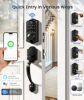 WiFi Smart Fingerprint Front Door Lock Set With Remote App Control Hands Free No Fuss Keyless Entry Deadbolt With Handle And Backlit Keypad IP55 Weatherproof Auto Lock And Easy To Install Matte Black showing app control and features on door