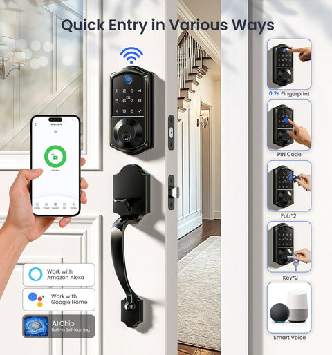 WiFi Smart Fingerprint Front Door Lock Set With Remote App Control Hands Free No Fuss Keyless Entry Deadbolt With Handle And Backlit Keypad IP55 Weatherproof Auto Lock And Easy To Install Matte Black showing app control and features on door