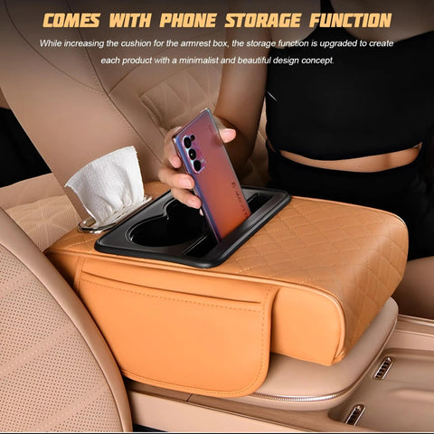 Comfy Car Center Console Armrest Pillow With Memory Foam Leather 4 In 1 Vehicle Arm Rest Cover Tissue Box Cup Holders Phone Holder Hidden Side Pockets Universal Fit Black in a car interior.
