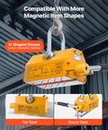 Installed VEVOR magnetic lifter (1320 lbs) on crane hook, yellow heavy-duty neodymium lifting magnet with release handle