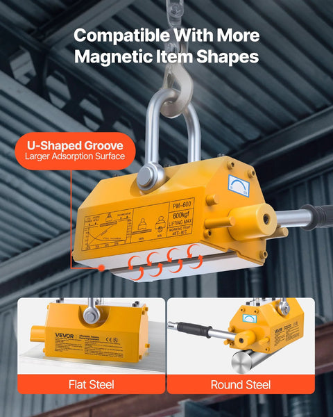 Installed VEVOR magnetic lifter (1320 lbs) on crane hook, yellow heavy-duty neodymium lifting magnet with release handle
