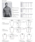 Size chart with fit diagrams and measurements guide for men's shirts, including regular, relaxed, tailored, and close fit styles.