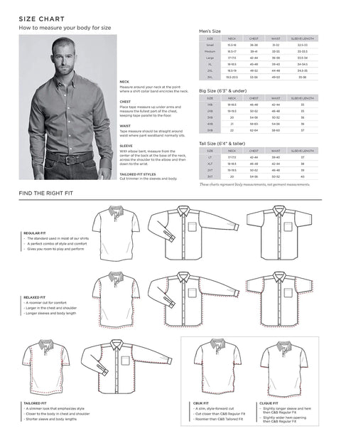 Size chart with fit diagrams and measurements guide for men's shirts, including regular, relaxed, tailored, and close fit styles.