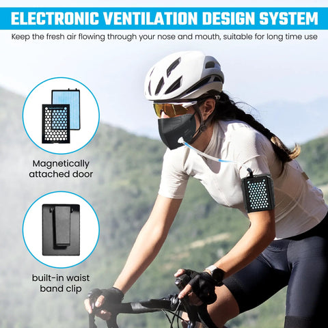 Woman cycling wearing Fresh Air System For Any Mask Reusable Respirator With 4 Speed Fan Delivers Filtered Air, mountain view