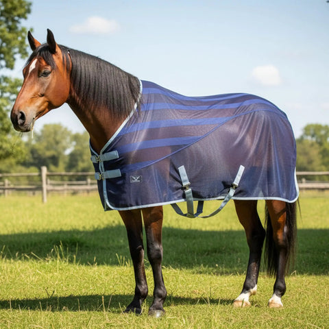 Horse in a Dual Fabric Scrim Sheet with Mesh Fusion for Warm Weather Horse Blanket Breathable Lightweight Coverage Navy Gray