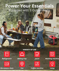 Group camping by RV with Powerful 2500 Watt Gas Powered Portable Inverter Generator, shown powering multiple appliances outdoors