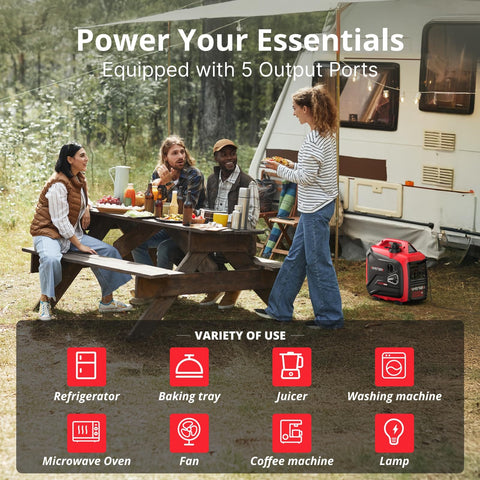 Portable Inverter Generator 2500W Gas Powered With Long Runtime For Camping And Emergency Backup Power near camper setup