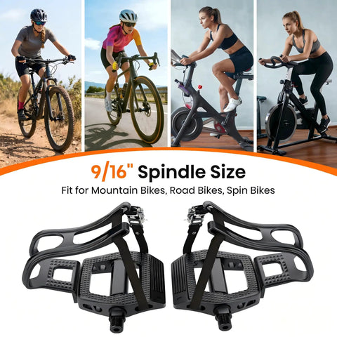 Toe Cage Bike Pedals For Regular Or Clipless Shoes, 9 16 Inch Spindle, Heavy Duty Pedals For Mountain And Road Bikes, Peloton
