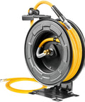 Retractable Air Hose Reel With Fifty-Foot Hybrid Polymer Hose, Heavy-Duty Steel Frame, showing auto rewind and quick air coupler.