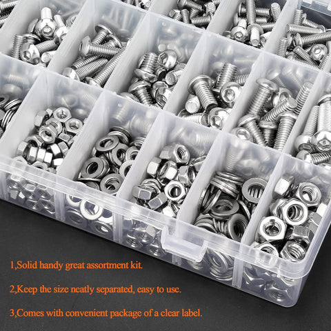 HELIFOUNER 810-piece stainless steel hardware assortment in a clear plastic organizer with screws, nuts and washers