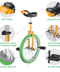 20 Inch Outdoor Unicycle With Adjustable Seat For Adults And Kids, yellow green manganese steel frame, thick aluminum rim with 36 steel spokes