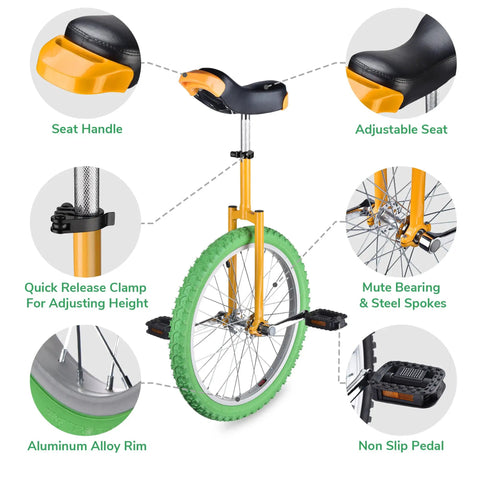 20 Inch Outdoor Unicycle With Adjustable Seat For Adults And Kids, yellow green manganese steel frame, thick aluminum rim with 36 steel spokes