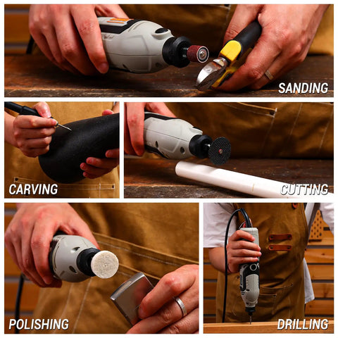 Multifunctional Do It All Rotary Tool Kit with 1.4 Amp Motor and six speed control used for sanding, carving, cutting, polishing, drilling.