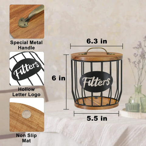 Rustic Coffee Filter Holder With Lid Built From Acacia Wood And Metal showing size, metal handle, non-slip mat.