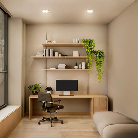 Home office with Easy Install Diy Friendly Dimmable LED Recessed Downlight Retrofit Kit Fits Most 5 To 6 Inch Housings lit ceiling