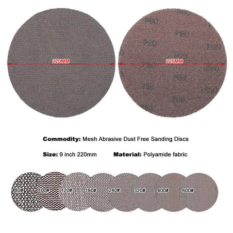 Top Shelf Nine Inch Mesh Sanding Discs With Hook And Loop Backing for random orbit sanders, polyamide fabric, various grits.