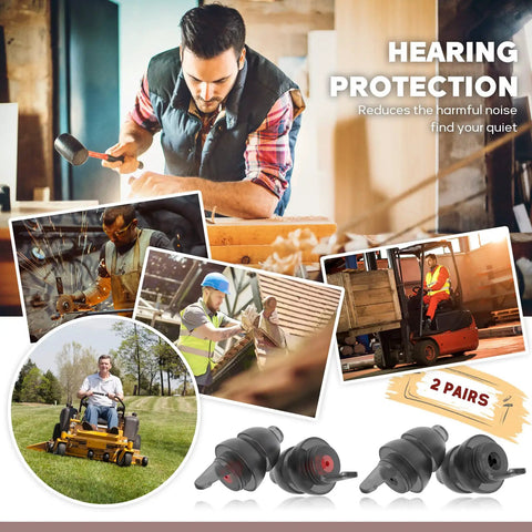High Fidelity Concert Earplugs For Musicians And DJs On Gigs, Two Pairs of noise reduction earbuds shown in various environments