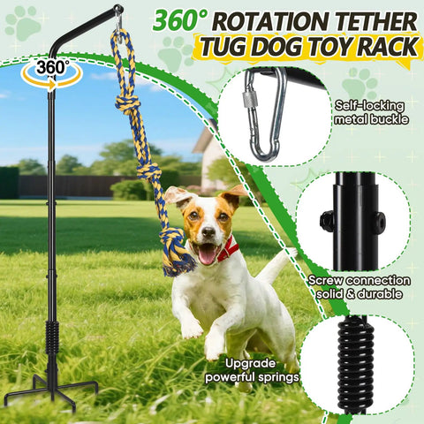Tether Dog Toy Rack With 3 Tug Rope Toys Rotating Outdoor Tug Toy Stand for yard park lawn, adjustable height for dogs