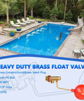 Heavy Duty Brass Float Valve Automatic Pool And Pond Water Level Regulator with red 3 inch float, brass construction in a pool setting.