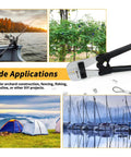 Pro Grade Wire Rope Crimping Tool Kit For 3/64 In To 1/8 In Cable Beefy Heavy Duty Swaging Tool With Aluminum Oval Sleeves And Ferrules 50 Piece Crimping Kit For Deck Railing Fencing Pliers Included, showing multiple outdoor applications for fencing, camping, and marine use.