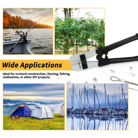 Pro Grade Wire Rope Crimping Tool Kit For 3/64 In To 1/8 In Cable Beefy Heavy Duty Swaging Tool With Aluminum Oval Sleeves And Ferrules 50 Piece Crimping Kit For Deck Railing Fencing Pliers Included, showing multiple outdoor applications for fencing, camping, and marine use.