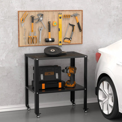 Beefy Steel Welding Workbench Cart With Wheels 32 By 20 Inch Metal Table in garage next to car with tools and storage