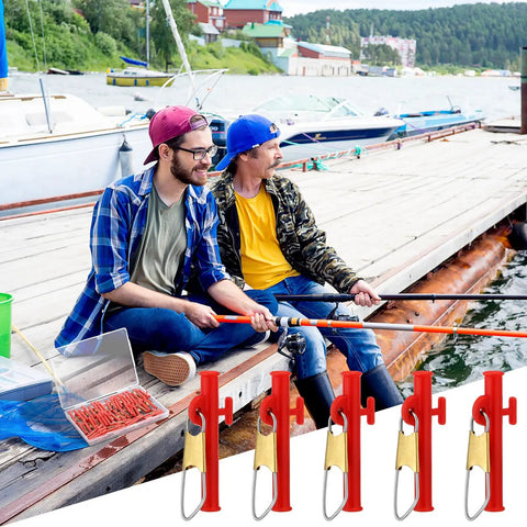 Two men fishing on a dock with 50 Pcs 1-1/2 Inch Sinker Slides With Metal Snaps For Catfishing, ABS Fishing Weight Sinkers Slider Clips nearby