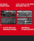 Heavy Duty 308 Piece Mechanics Tool Set With Low Profile Ratchets And 72 Tooth Socket Wrench Trays organized in plastic trays.