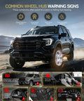 Common wheel hub warning signs on a GMC Terrain with images of symptoms like noise, vibration, and ABS light issues.