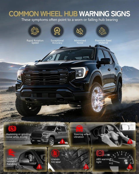 Common wheel hub warning signs infographic with an SUV highlighting symptoms like steering vibrations and ABS warning lights.