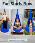 Indoor Outdoor Sensory Pod Swing Chair For Kids And Adults 72 Inch High 32 Inch Wide Cozy Inflatable Cushion shown in use indoors and outdoors