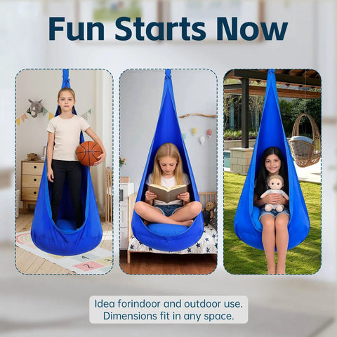 Indoor Outdoor Sensory Pod Swing Chair For Kids And Adults 72 Inch High 32 Inch Wide Cozy Inflatable Cushion shown in use indoors and outdoors