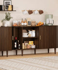 Mid Century Modern Sideboard Buffet Cabinet With Tambour Sliding Doors Fluted Accent Adjustable Shelves Walnut Finish 55 Inch Coffee Bar Console For Kitchen Living Room Or Entryway