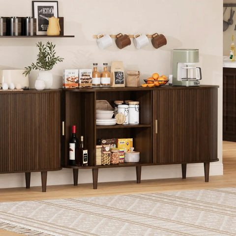 Mid Century Modern Sideboard Buffet Cabinet With Tambour Sliding Doors Fluted Accent Adjustable Shelves Walnut Finish 55 Inch Coffee Bar Console For Kitchen Living Room Or Entryway